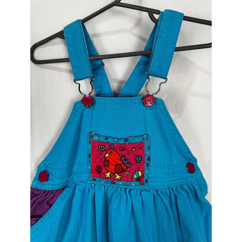 OshKosh B'gosh Vintage 90s Blue Purple Overall Dress Bird Patch Girls Size 5 USA